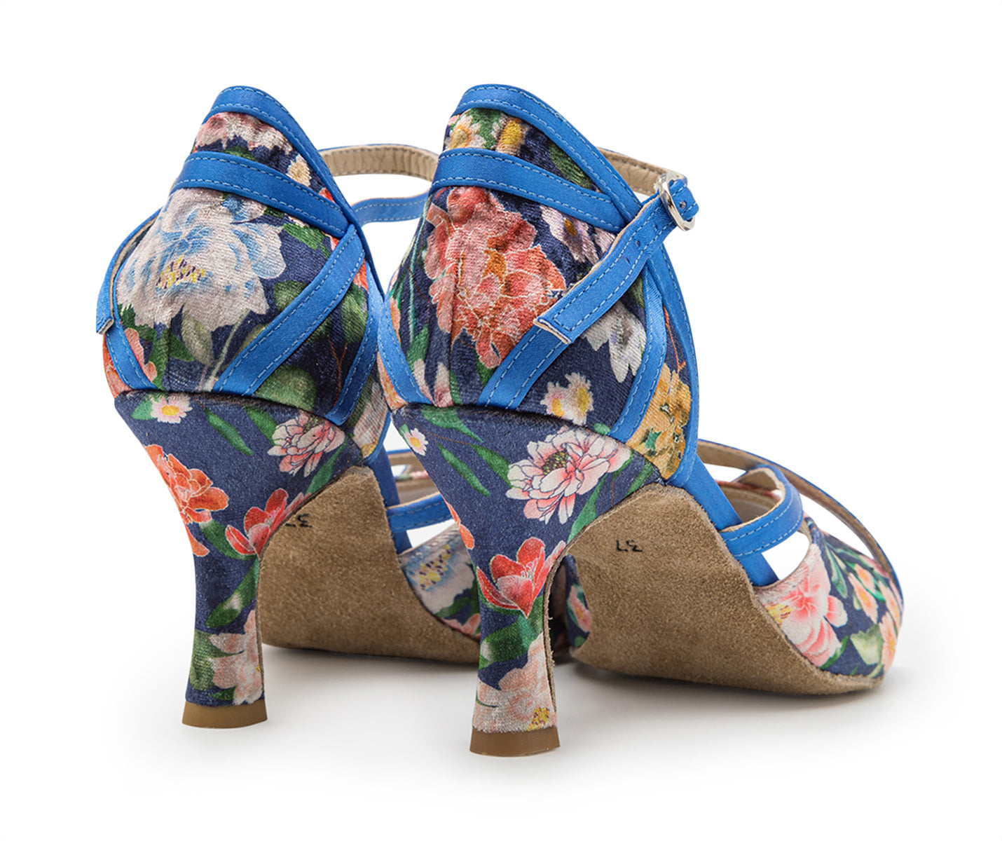 Naos Tanzschuhe in Blau geblumt von Dancing Queens, mit floralem Muster und Knöchelriemen, von hinten betrachtet.
